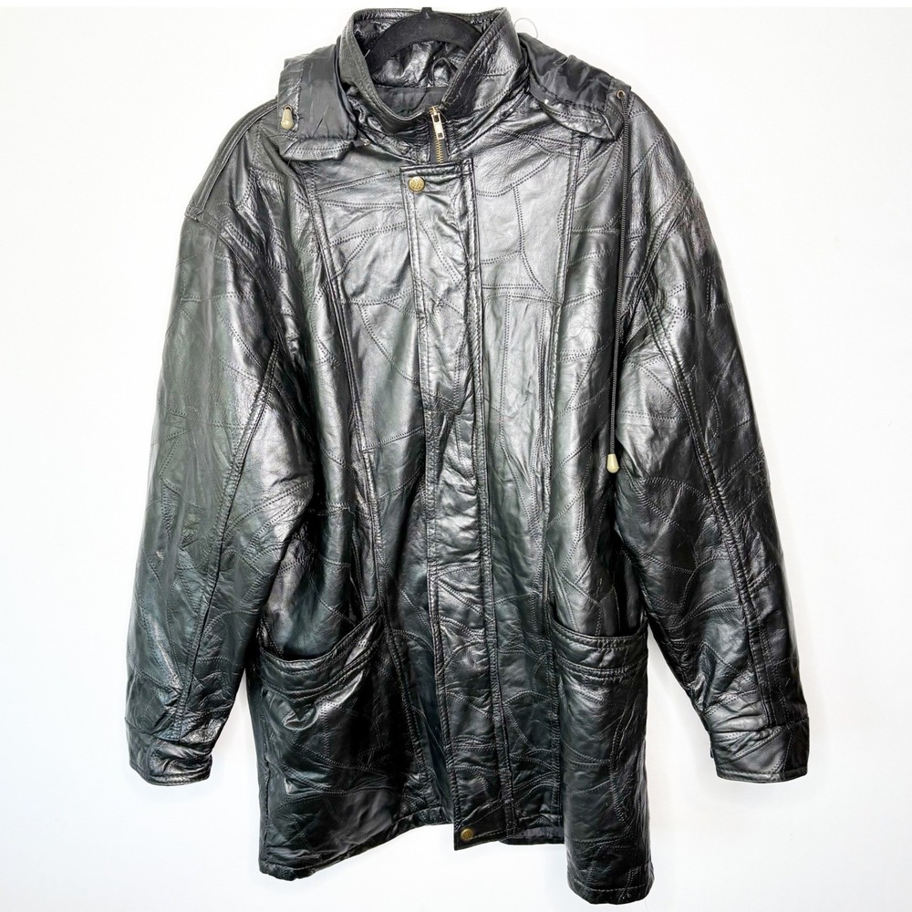 Vintage Mens Black Patchwork Genuine Leather Jacket Removable Hood Oversized